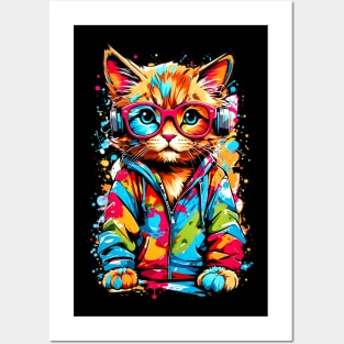 Colorful graffiti illustration of a colorful little cat wearing glasses Posters and Art